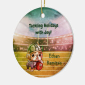 かわいいカートゥーフランスのブルドッグのクォーターバック セラミックオーナメント (左)