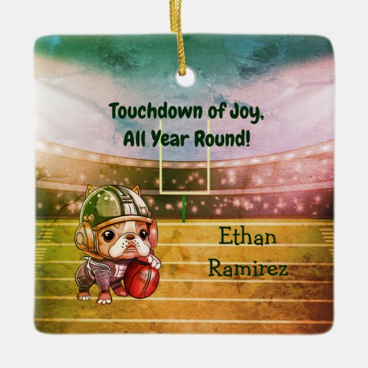 かわいいカートゥーフランスのブルドッグのクォーターバック セラミックオーナメント (正面)