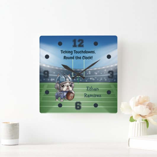 かわいいカートゥーフランスのブルドッグ準スタジアム スクエア壁時計 (ホーム)