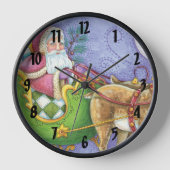 かわいいカートゥーンのクリスマス サンタクロースのそり 鹿 壁時計 (正面)