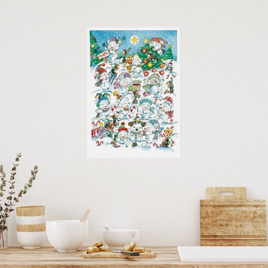 かわいいカートゥーンのクリスマス・ポーラーベア・ペンギンパーティ ポスター (キッチン)