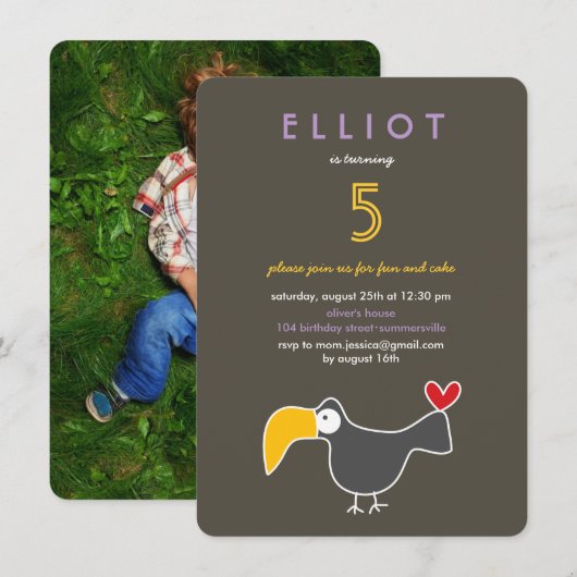 かわいいカートゥーンのトカン写真 子供の誕生日パーティー 招待状 (正面/裏面)