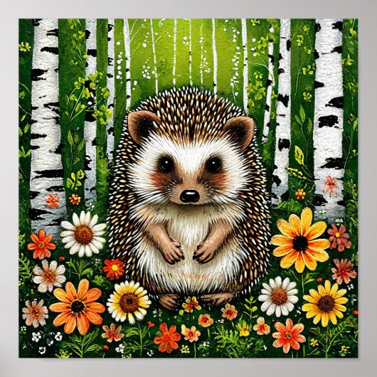 かわいいカートゥーンのハリネズミがいる白樺の森 🦔🌿🌳✨🌸 ポスター (正面)
