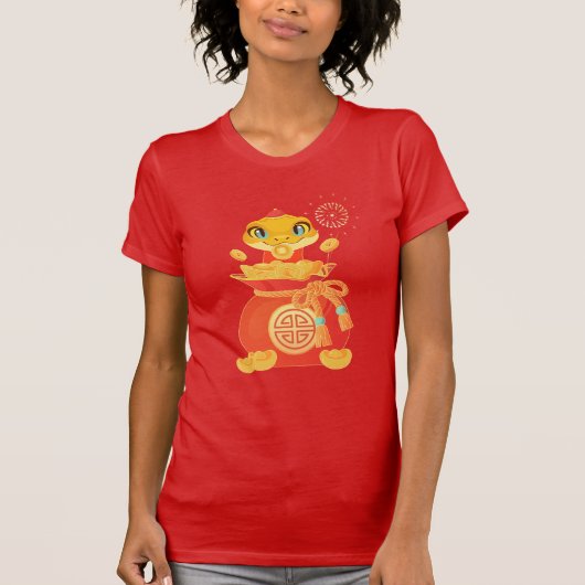 かわいいカートゥーンのヘビとお金袋の Lunar New Year Tシャツ (正面)