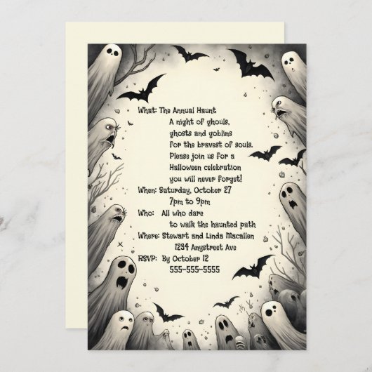 かわいいカートゥーンの幽霊とコウモリのハロウィン 招待状 (正面/裏面)