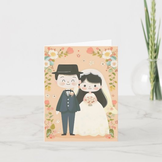 かわいいカートゥーンの新婦新郎 招待状 (正面)