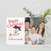 かわいいカートゥーンの雪だるま ハッピー クリスマス フォト シーズンカード (スタンド正面)