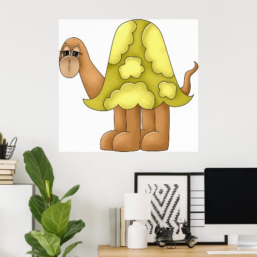 かわいいカートゥーンスタイルの緑の殻を持つフワフワのカメ ポスター (ホームオフィス)