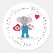 かわいいカートゥーンゾウとハート封筒用シール ラウンドシール (正面)