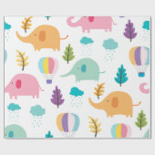 かわいいカートゥーンゾウの熱気球と木 ラッピングペーパー (フラット)