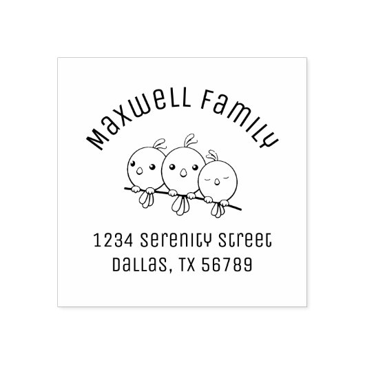 かわいいカートゥーンバードのアーチ型ファミリーアドレス ラバースタンプ (インプリント)