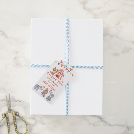 かわいいカーニバルサーカス&アニマルズ誕生日ありがとう ギフトタグ (より糸付き)