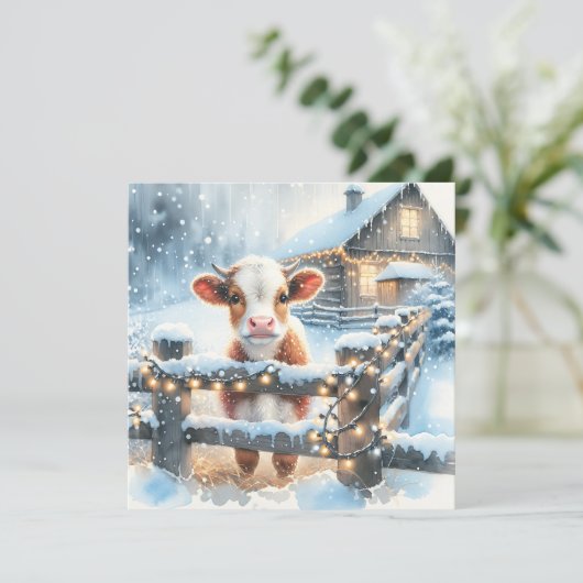 かわいいカーフパーソナライズされた農業をテーマにしたクリスマス シーズンカード (スタンド正面)