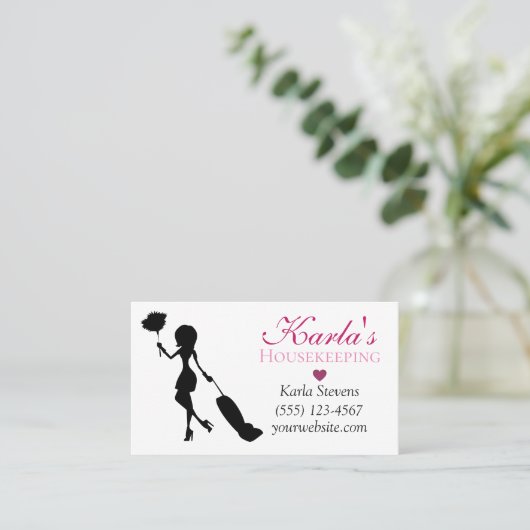かわいいカーペットデザインメイドハウスクリーニングサービス 名刺 (スタンド正面)
