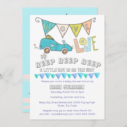 かわいいカー·ベイビー·シャワーの輸送の旅行少年の旗 招待状 (正面/裏面)