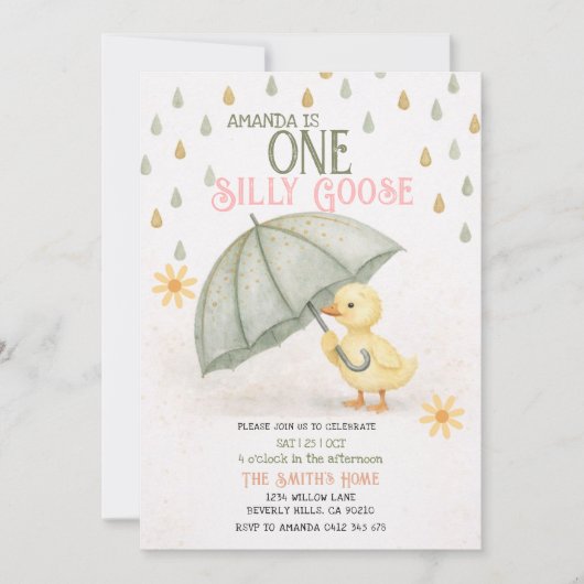 かわいいガチョウの1歳の誕生日招待状 Sage One Silly Goose 招待状 (正面)