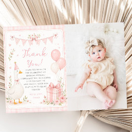かわいいガチョウ ピンクのバウ 1歳の誕生日フォト サンキューカード
