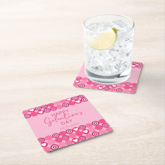 かわいいガレンティンの日ピンクのハートと花柄 スクエアペーパーコースター (インサイチュ)