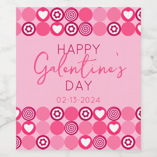 かわいいガレンティンの日ピンクのハートと花柄 ワインラベル (シングルラベル)