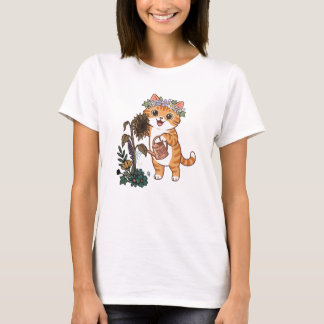 かわいいガーデナー猫のひまわり水やりイラスト Tシャツ