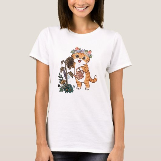 かわいいガーデナー猫のひまわり水やりイラスト Tシャツ (正面)