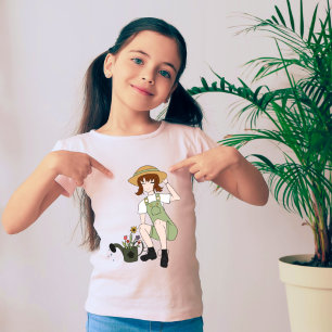 かわいいガーデニングとフラワーガール茶色ガーリー髪 Tシャツ