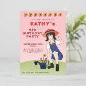 かわいいガーデニングガールフラワーブラックヘア誕生日 招待状 (スタンド正面)