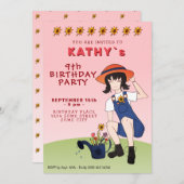 かわいいガーデニングガールフラワーブラックヘア誕生日 招待状 (正面/裏面)
