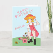 かわいいガーデニングガールフラワーブロンドヘア誕生日 カード (正面)