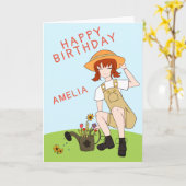 かわいいガーデニングガール花茶色の髪の誕生日 カード (黄色い花)