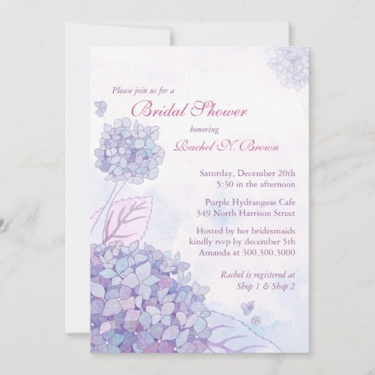 かわいいガーデン パープル ハイドランジア 花のブライダルシャワー 招待状 (正面)