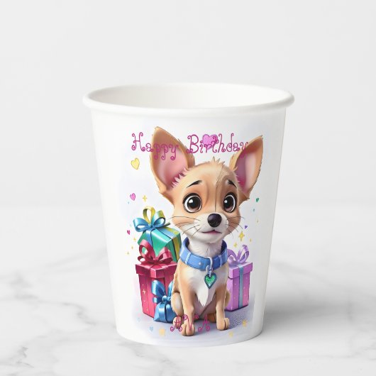 かわいいガーリーおもしろいピンク&チワワ誕生日パーティー 紙コップ (裏面)