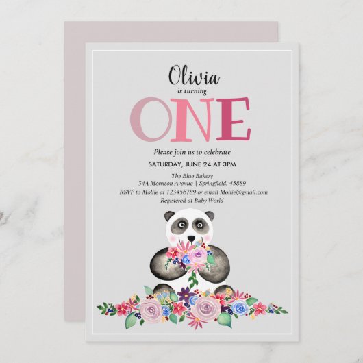 かわいいガーリーなモダン花パンダ＆名前 1歳の誕生日 招待状 (正面/裏面)