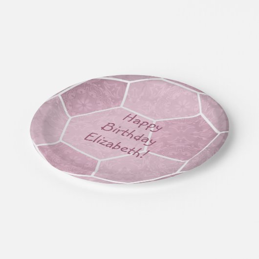 かわいいガーリーほこりっぽいピンクのサッカー誕生日パーティー ペーパープレート (アングル)