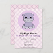 かわいいガーリーカバ紫の女の子子供の誕生日パーティー 招待状 (正面/裏面)