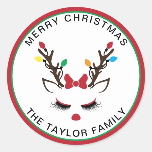 かわいいガーリークリスマストナカイ赤い鼻顔 ラウンドシール (正面)
