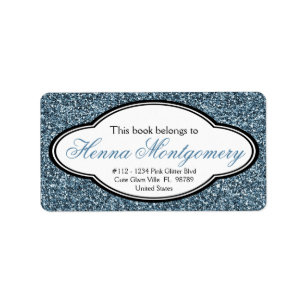 かわいいガーリーグリッタールックブルー蔵書票 ラベル