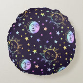 かわいいガーリースターズサンアンドムーンかわいらし魔法紫 ラウンドクッション (正面)