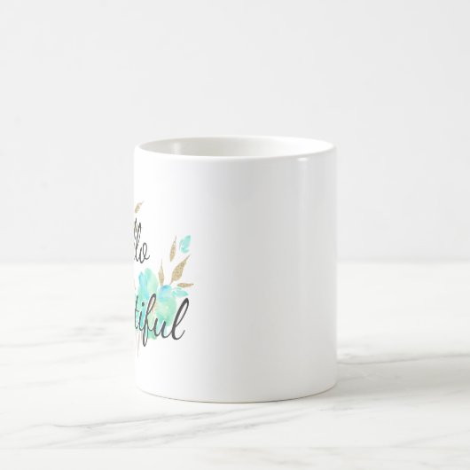 かわいいガーリーハロービューティフル金ゴールド&ブルーフローラ コーヒーマグカップ (中央)