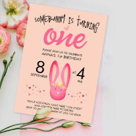 かわいいガーリーパステルピンクピーチバニー1st誕生日 招待状