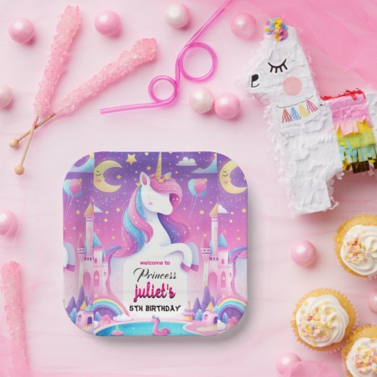 かわいいガーリーパープルピンクのユニコーン5歳の誕生日 ペーパープレート (パーティー)