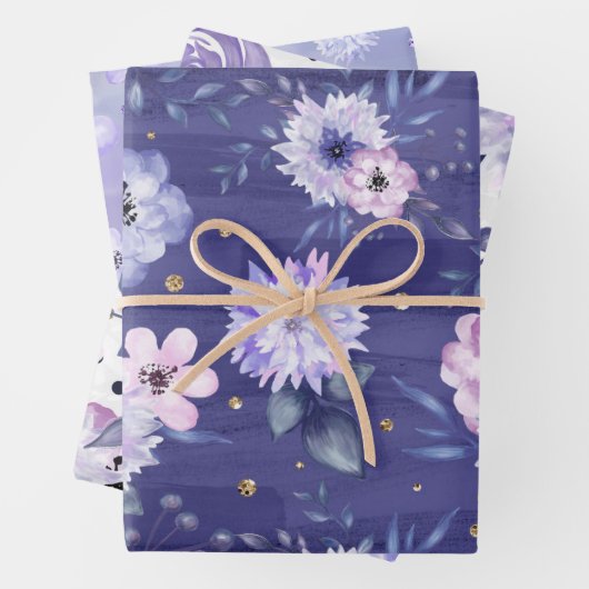 かわいいガーリーパープルピンクフローラグリッター ラッピングペーパーシート (インサイチュ)