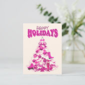 かわいいガーリーピンクのクリスマスツリーハッピーホリデー ポストカード (スタンド正面)