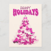 かわいいガーリーピンクのクリスマスツリーハッピーホリデー ポストカード (正面)