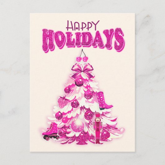 かわいいガーリーピンクのクリスマスツリーハッピーホリデー ポストカード (正面)