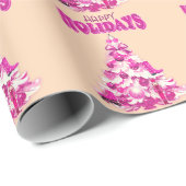 かわいいガーリーピンクのクリスマスツリーハッピーホリデー ラッピングペーパー (ロールコーナー)