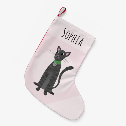 かわいいガーリーピンクのグレーのタビー猫の漫画の子ども スモールクリスマスストッキング (正面 (吊り時))