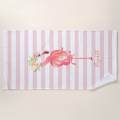 かわいいガーリーピンクのフラミンゴの花のストライプ花 ビーチタオル (正面)