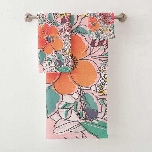 かわいいガーリーピンクのフローラ手描きデザイン バスタオルセット (インサイチュ)