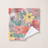 かわいいガーリーピンクのフローラ手描きデザイン バスタオルセット (ウォッシュタオル)